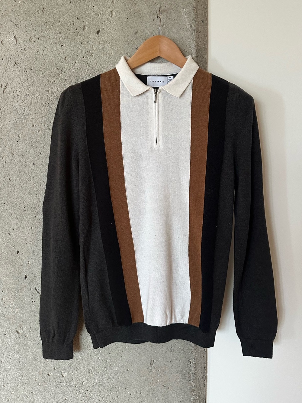 Topman Black, Brown & Cream Zip Polo Sweater XS